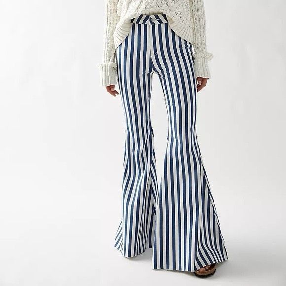 Free People Jeans Size 29 Just Float On Navy Hampton Stripe White Disco Flare - Picture 1 of 7